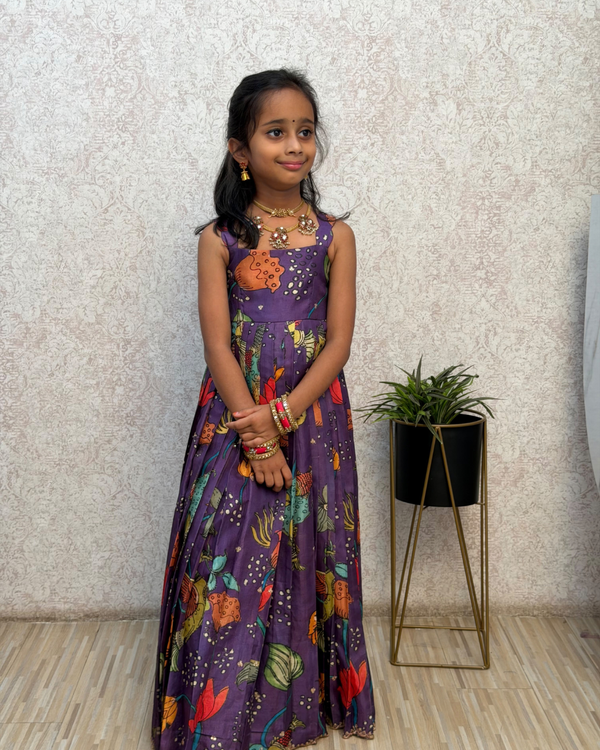Purple Gardenia Full Frock with Shawl
