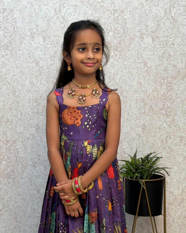 Purple Gardenia Full Frock with Shawl