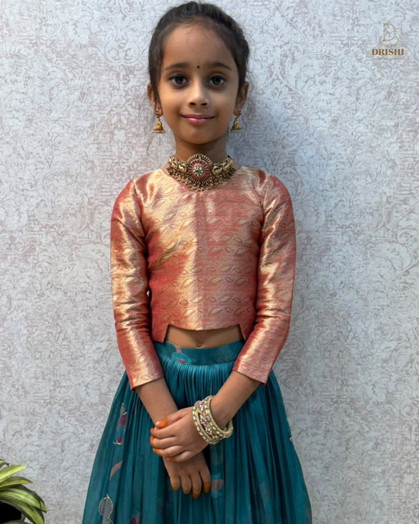 Teal & Blush Silk Kids Lehenga Set