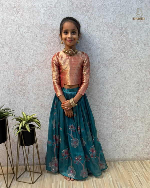 Teal & Blush Silk Kids Lehenga Set