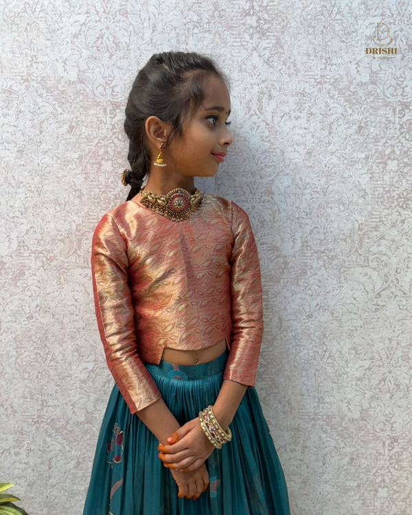 Teal & Blush Silk Kids Lehenga Set