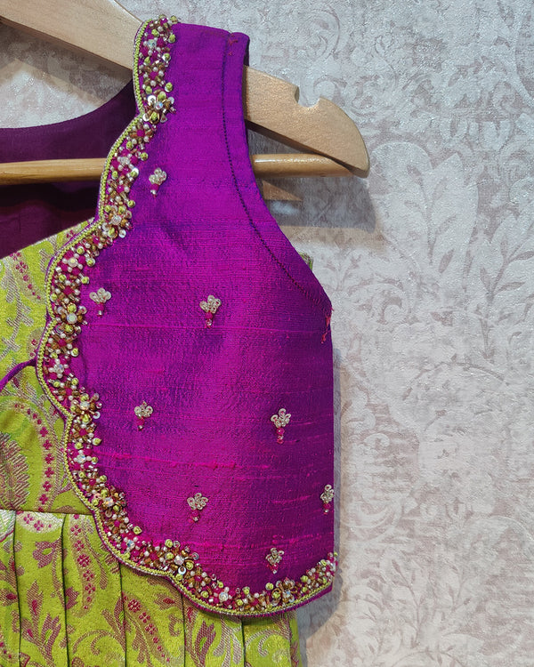 Green & Purple Kanchi Silk Full Frock with Pure raw silk embroidery overcoat