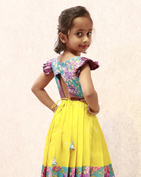 Printed dola silk pleated frock with pleated cap sleeve