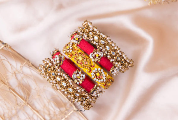 Gold Yellow and Red Floral Set Bangles