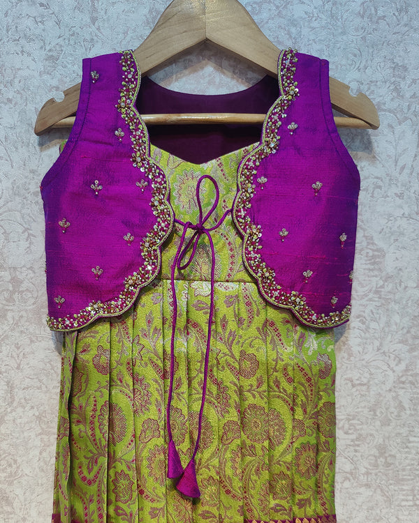 Green & Purple Kanchi Silk Full Frock with Pure raw silk embroidery overcoat