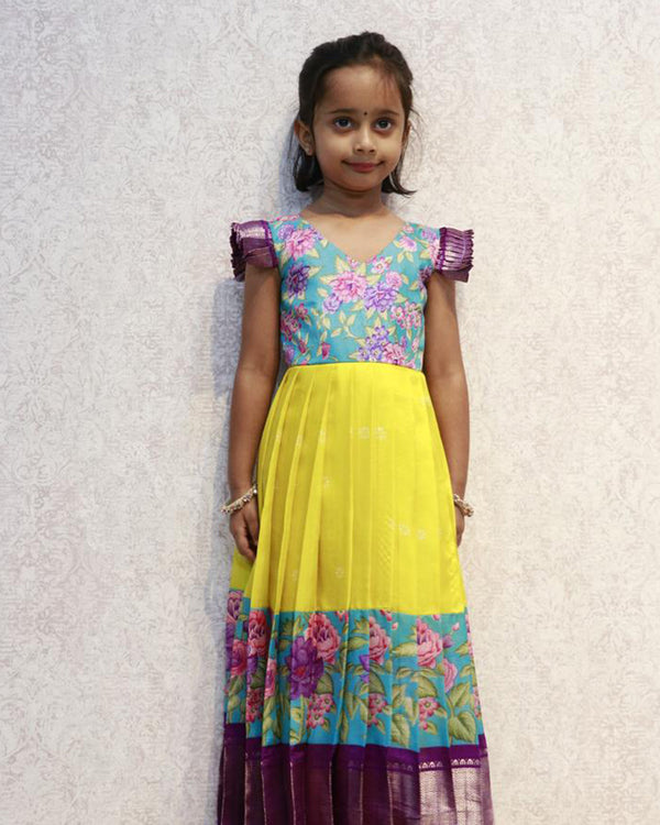 Printed dola silk pleated frock with pleated cap sleeve