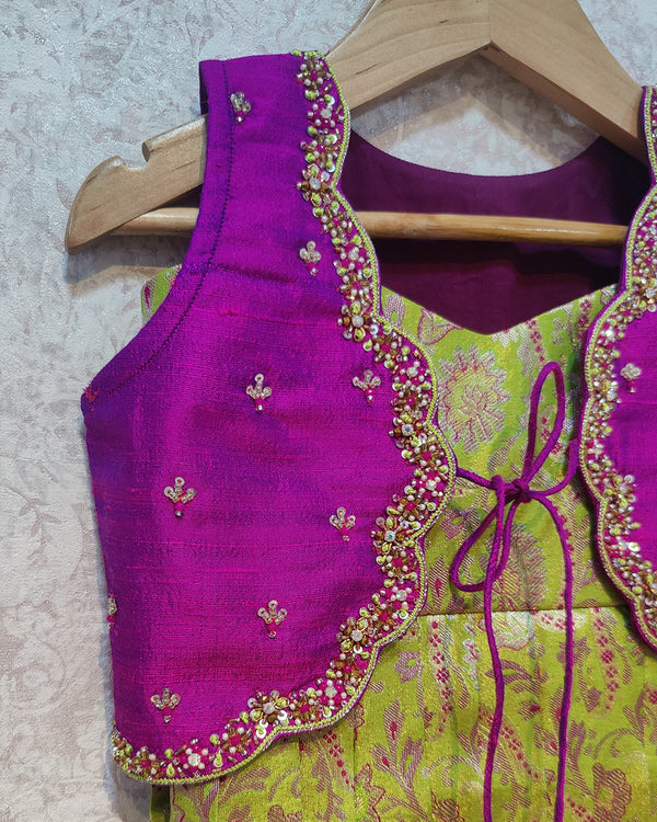 Green & Purple Kanchi Silk Full Frock with Pure raw silk embroidery overcoat