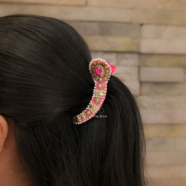 Pink Kundan  Crocodile Clip
