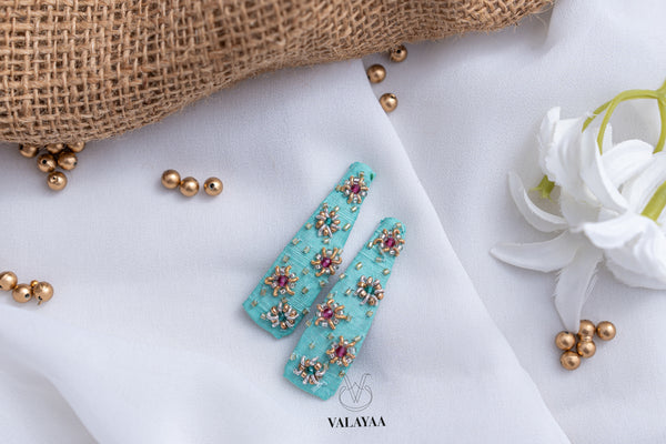 Turquoise With Zardozi Floral Work Tic Tac Clips
